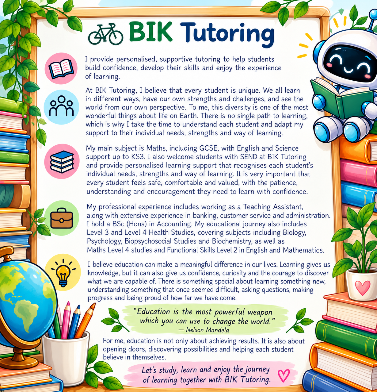 BIK Tutoring personalised, supportive and inspiring learning poster with a friendly robot and inclusive SEND support