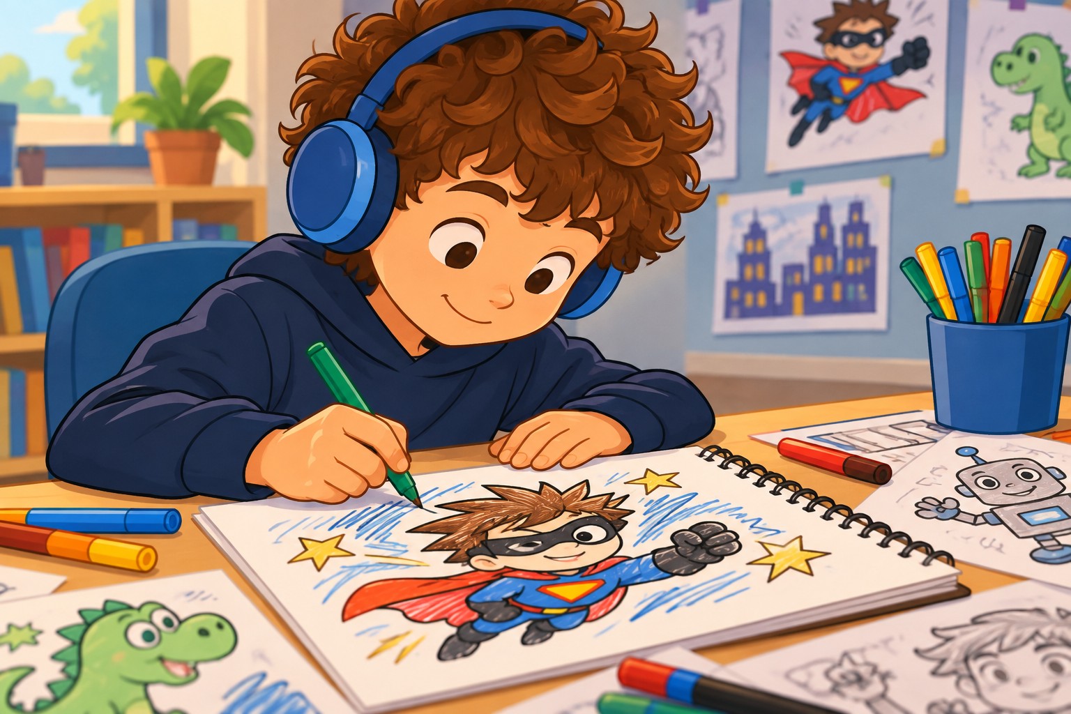 A young cartoonist drawing a superhero character at a desk